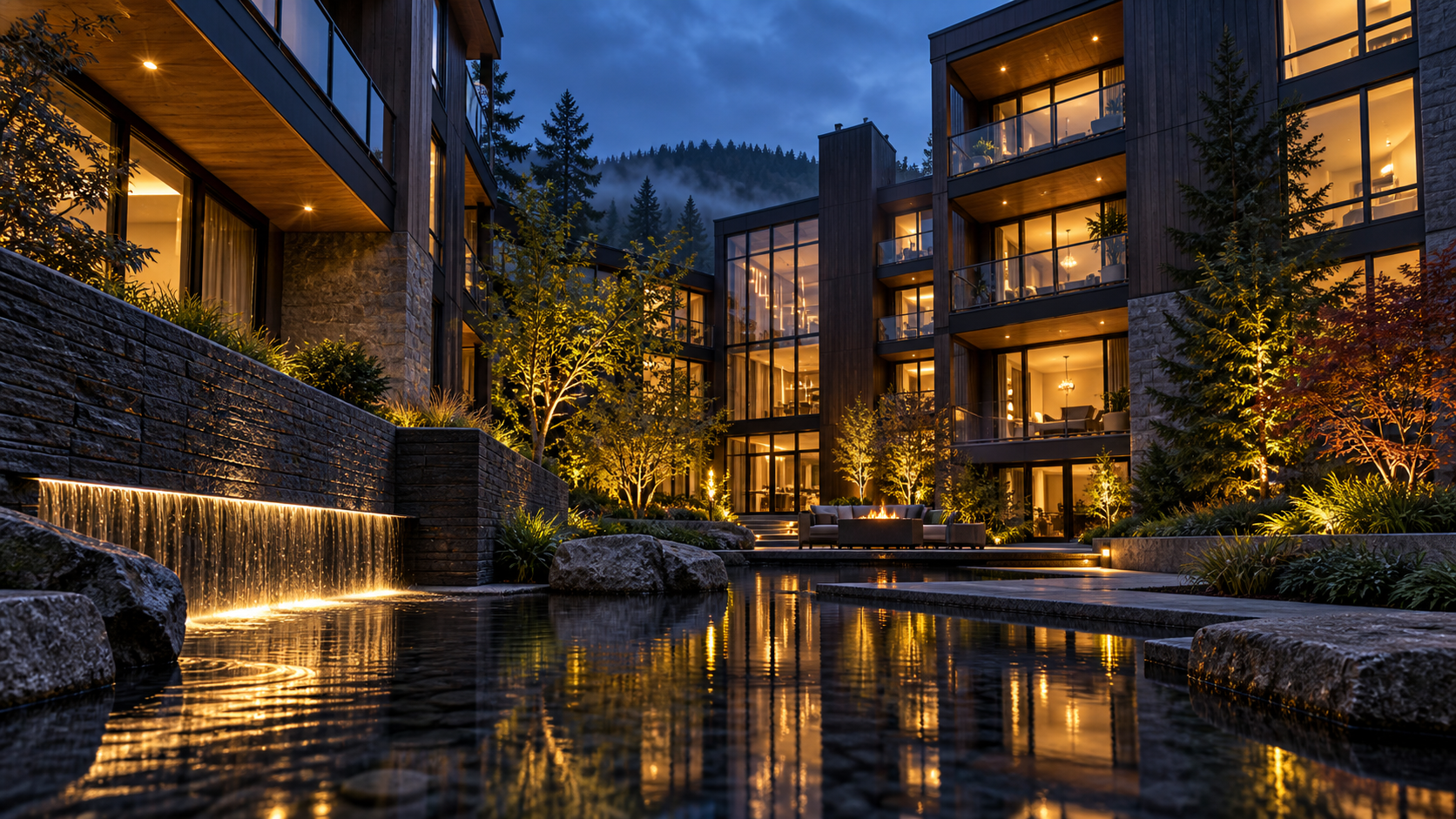 Illustrative multifamily architecture at dusk